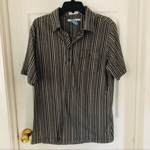 PERRY ELLIS black & tan striped mercerized cotton men’s collar shirt Size large